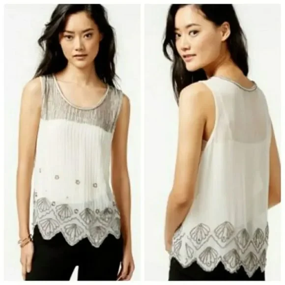 Bar III Embellished Sheer White Tank Blous… - Picture 7 of 10